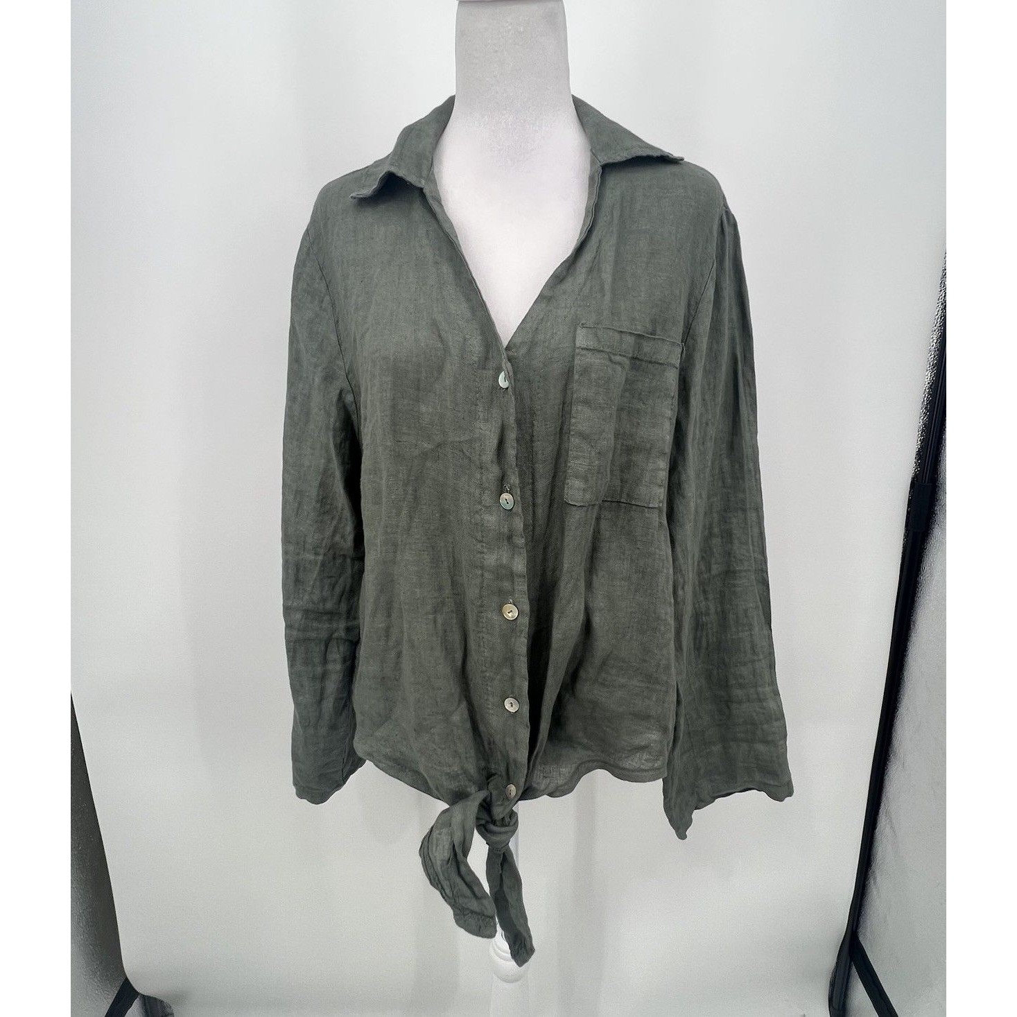Tina Stephens Alejandra Tie Front Linen Top Button Up One Size Green Coastal